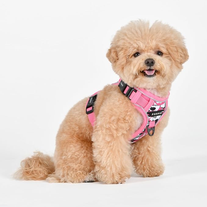 Puppia Abstract Dog Harness H Sturdy Adjustable Neck and Chest Reflective Paint Pattern Front and Back D-Ring for Small and Medium Dogs, Pink, Large