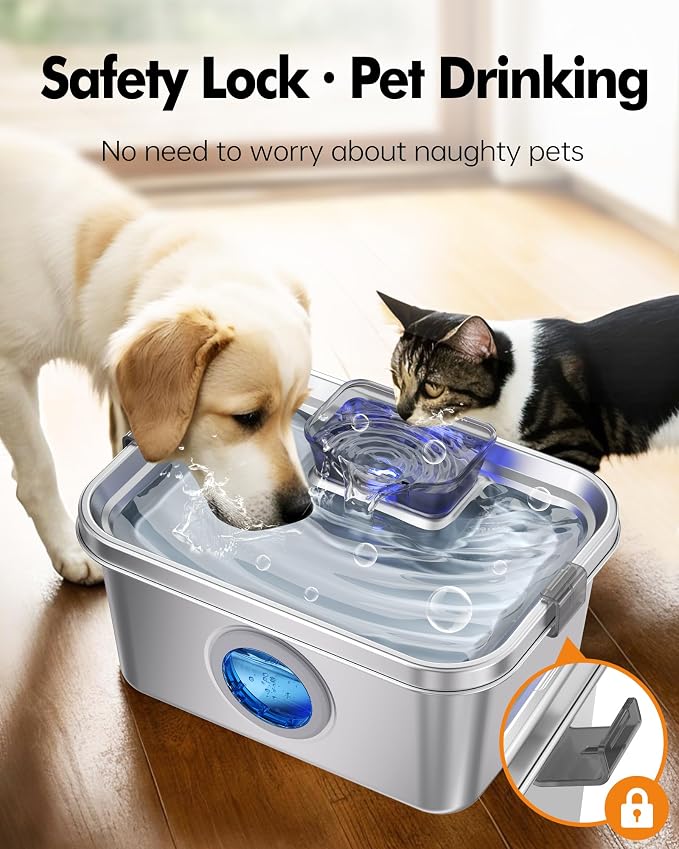 Dog Water Fountain 2 Gal, Stainless Steel Dog Water Fountain for Large Dogs Multi-Cats, Pet Water Fountain with Big Window, Super-Quiet Pump, Indoor Automatic Dog Water Bowl Dispenser Fountain Filters