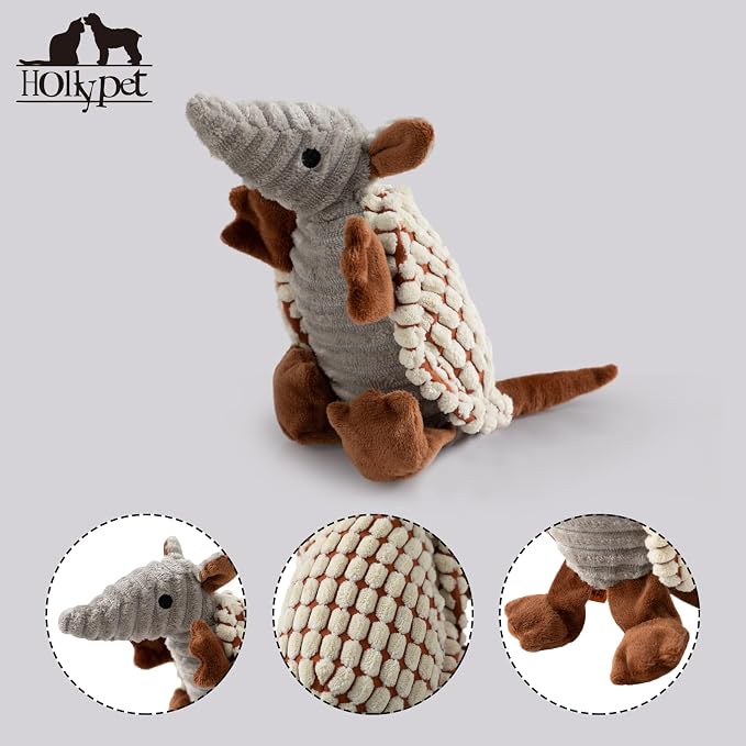Hollypet Armadillo Squeaky Puppy Dog Toys for Small Medium Dogs, 8" | plush stuffed small dog squeak animal toy with unique grunt squeaker textured fabric for teeth cleaning toys