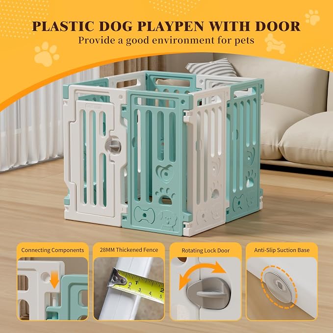 25.5" Dog Playpen 7+1 Panel Plastic Puppy Playpen for Small/Medium Dog Foldable Portable Pet Fence with Door
