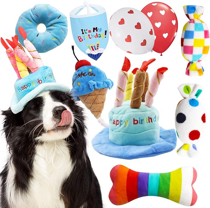 lilfrd 9Pcs Blue Dog Birthday Toy Set, Squeaky Hat Bandana Gift for Dogs | Birthday Gift Pack, Soft Plush, Small Medium Puppy Friendly