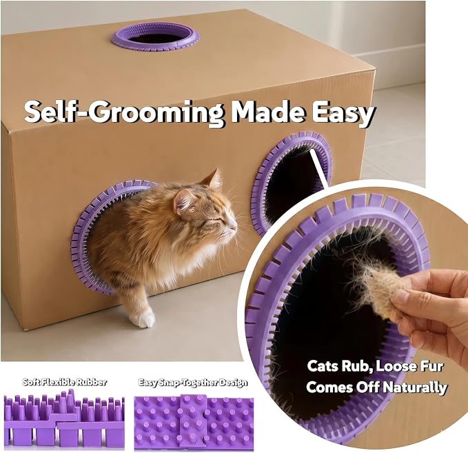 Cat Self Groomer Arch for Cardboard Boxes (Lavender | Start Kit) | Cat Brushes Tunnel& Massage Comb For Indoor Cats, Interactive Self Grooming Tool Brushes, For Cat Hideouts & Enrichment Play