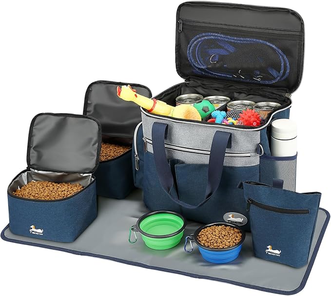 Dog Travel Bag 7-Piece Set with Food Containers, Bowls & Treat Pouch, Navy Blue