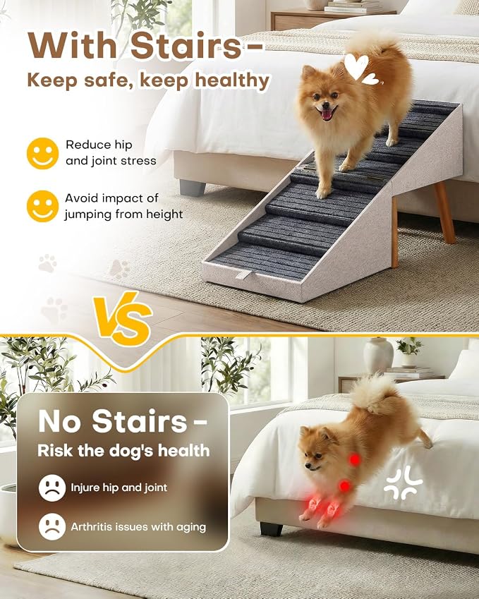 Dog Ramp for Bed & Couch, 21.06 inches High Dog Stairs for Large/Medium/Small Doggie, Foldable 2 in 1 Wooden Pet Steps for Puppy Older and Injured Dogs, Split Ottoman Design, No-Slip Surface (Apricot)