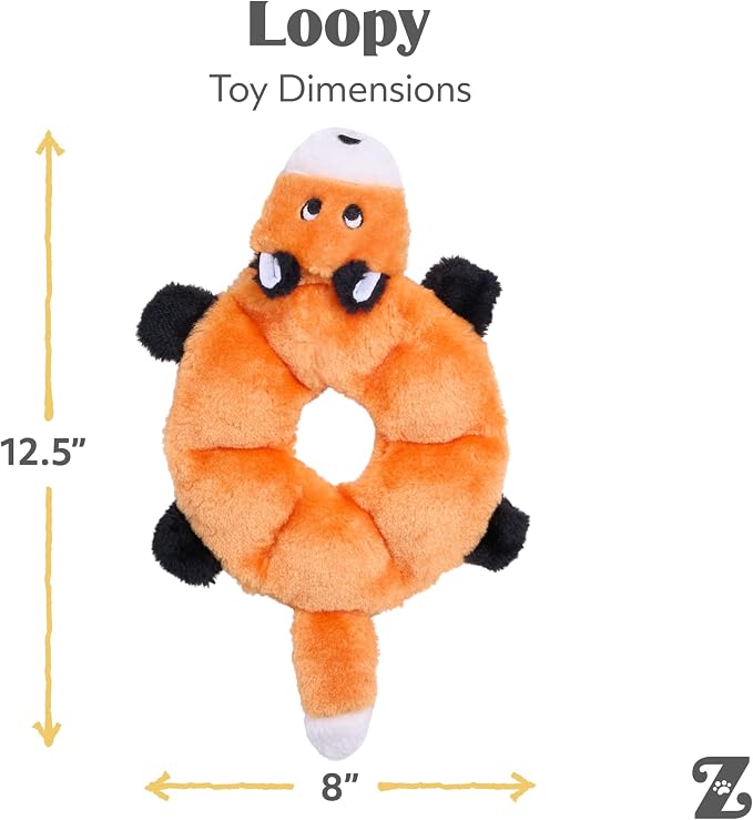 ZippyPaws Loopy No Stuffing Dog Toys to Keep Them Busy - 10" | For Small, Medium, & Large Dogs, Squeaky Pet Toy for Boredom, Unstuffed Chew Toy, Soft Plush Puppy Products, Fox