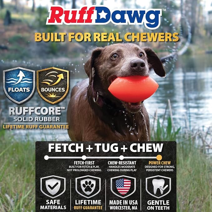 Ruff Dawg Indestructible Football Medium 4” 1pc Color Varies – Heavy-Duty Solid Rubber Dog Fetch Toy for Dogs Up to 40 lbs – Floats & Crazy Bounce – Made in USA