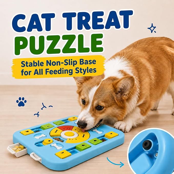 Interactive Dog Puzzle Toy, Maze Slow Feeder, 15.4 in | Dog Treat Puzzle, ABS and PP plastic, non-slip rubber feet, top-rack dishwasher care, light blue, Cat Treat Puzzle