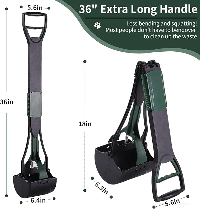 36" Tall Pooper Scooper for Large Dogs Heavy Duty, Long Handle Poop Scoop for Yard, Grass, Gravel, Dog Poop Grabber with High Strength Material and Extra Wide Grip(Dark Green)