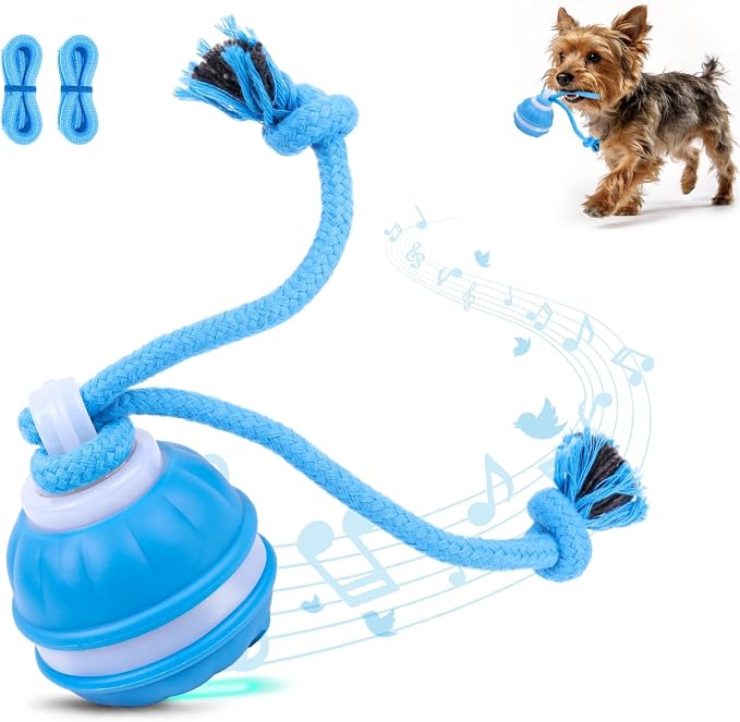 Interactive Dog Toys Ball, 3 Modes & Powerful Motor, Random Movement & Swinging Rope, Bird Chirping Stimulate, USB C Rechargeable for Small Medium Dogs for Boredom, Anxiety Relief