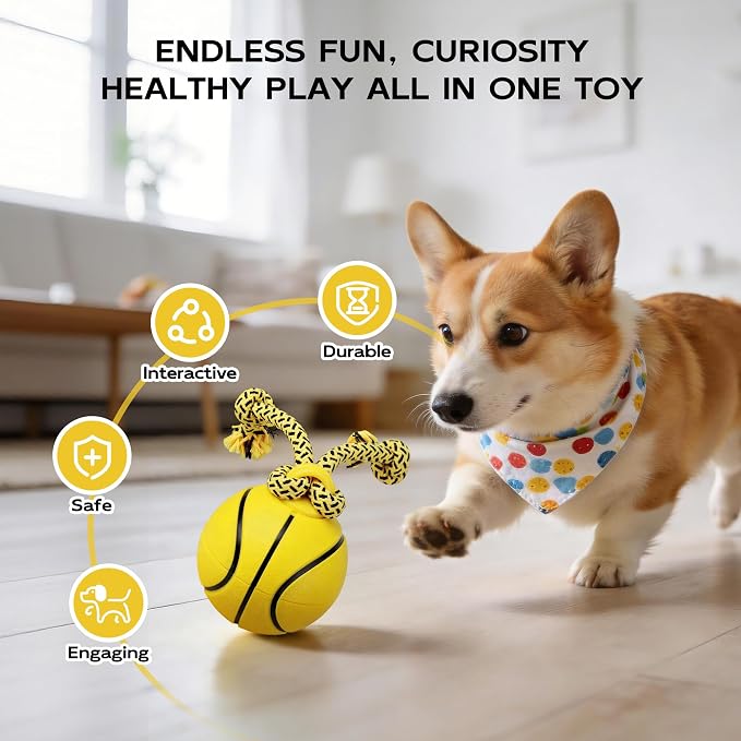 Pet Prime Interactive Dog Ball Toy with Rope,Rechargeable Automatic Rolling Ball with Motion Activated,3 Play Modes for Medium/Large Dogs, Self-Moving Toy to Keep Pets Busy and Entertained Yellow