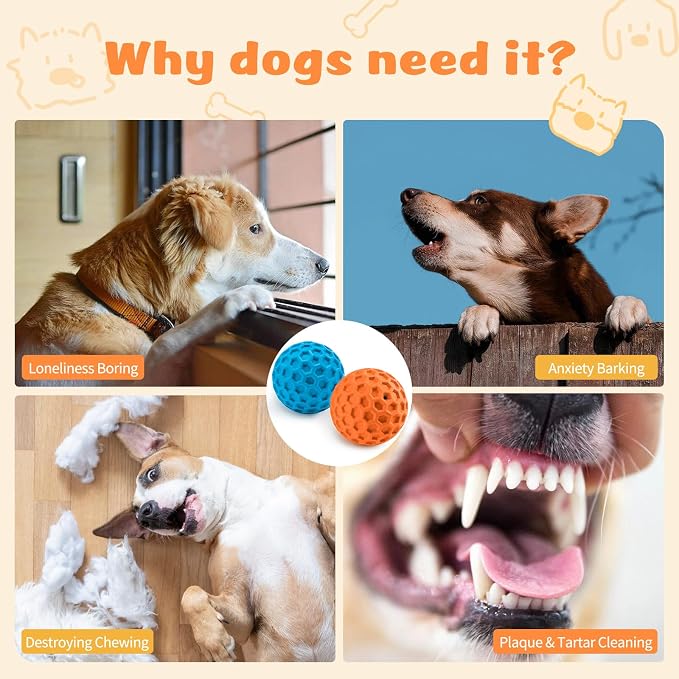 HIPPIH Indestructible Squeaky Dog Toys, Interactive Dog Balls 2 Pack | Chew Toys for Aggressive Chewers, Natural Rubber, Large/Medium Dogs, Tough Puppy Teething Toy, Relieve Anxiety
