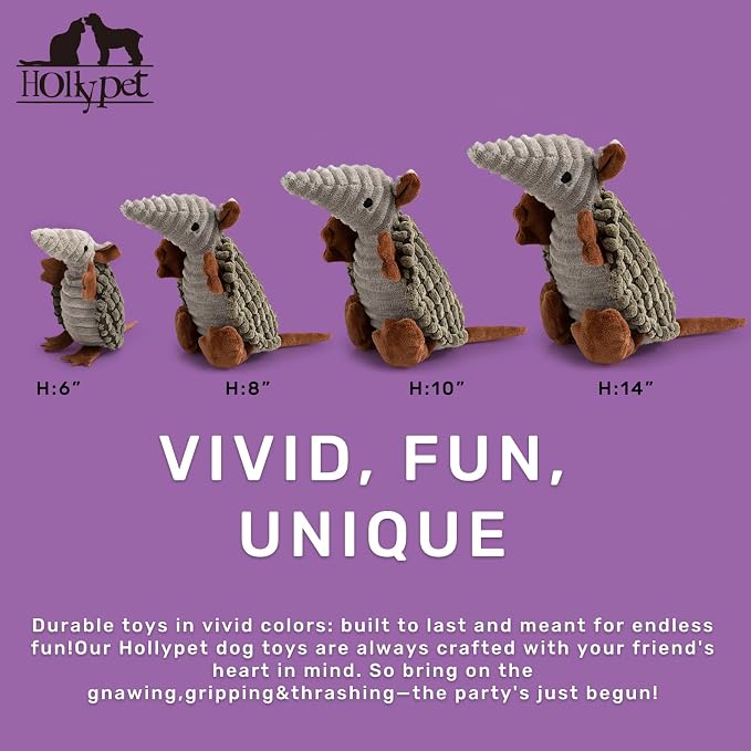 Hollypet Armadillo Squeaky Puppy Dog Toys for Small Medium Dogs, 8" | plush stuffed small dog squeak animal toy with unique grunt squeaker textured fabric for teeth cleaning toys