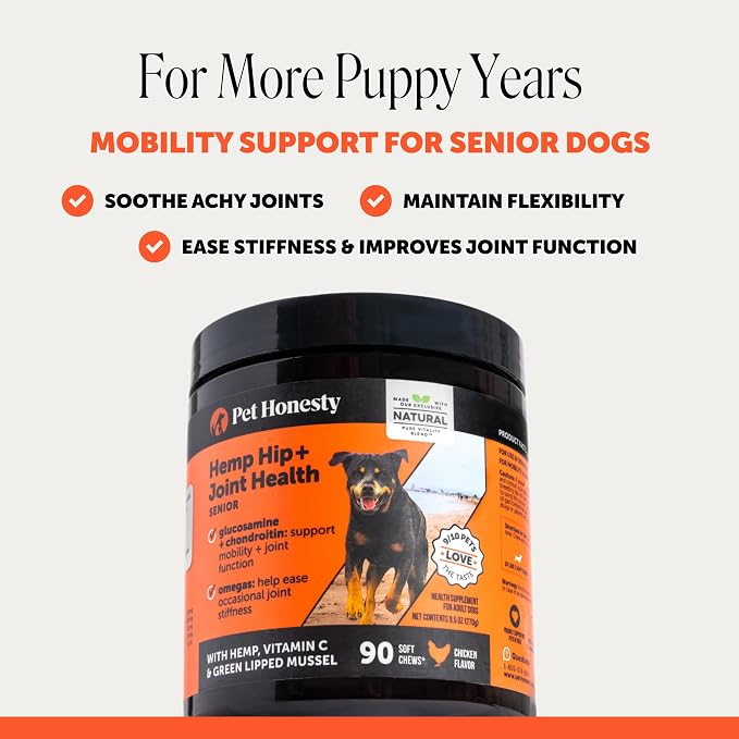 Pet Honesty Vet Recommended Hip and Joint Supplement for Dogs, 90 Count | Advanced strength dog joint supplement with glucosamine chondroitin, chicken, supports mobility, eases stiffness