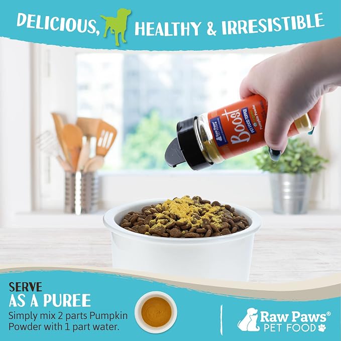 Raw Paws Boost Pet Food Topper Organic Pumpkin Powder, 3-oz - Made in USA - Grain-Free Dog Food Topper - Anti Scoot Pumpkin Powder for Dogs - Vegan Dog Food Gravy - Meal Toppers for Dogs
