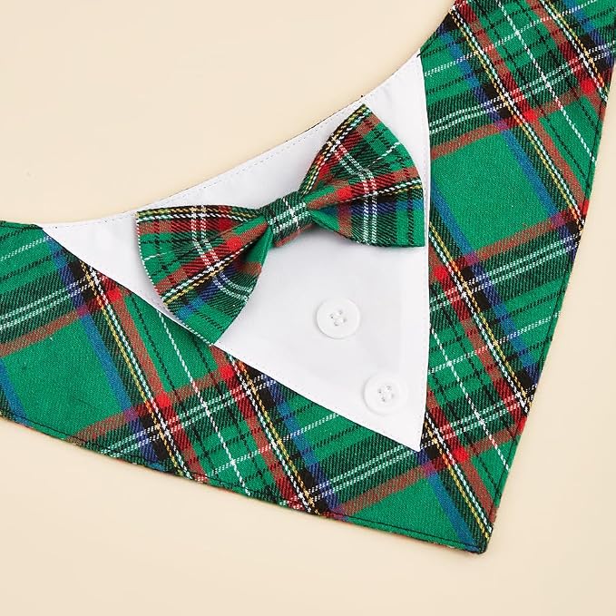 Adjustable Green Plaid Christmas Dog Tuxedo Bandana with Bow Tie, X-Small, XS, Green