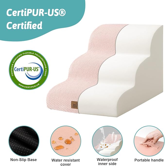 COZY KISS Dog Stairs for Small Dogs 15.7" H, Curved Dog Step for Puppy, Older Cat, Medium Pet Ramp for Sofa, Couch or Chair, Ladder with High Density Foam, 3 Step, 15.7x22.4x15.7 inch, Pink