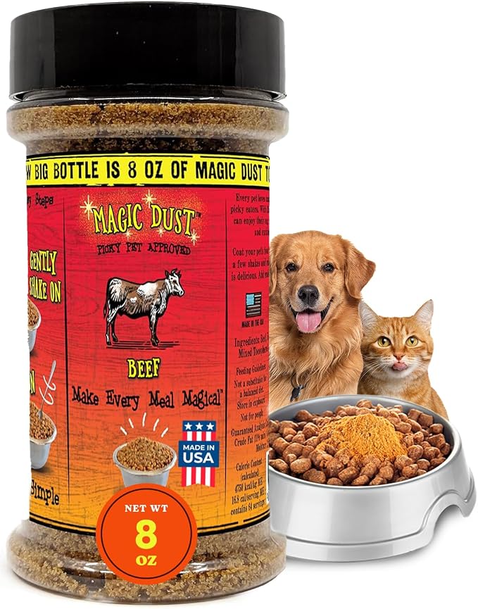 Magic Dust Beef Jerky Topper, Single Protein Pet Food Topper for Dogs & Cats, Enhance Flavor & Elevate Mealtime Excitement for Picky Eaters - 8 Ounce Bottle in Beef Flavor
