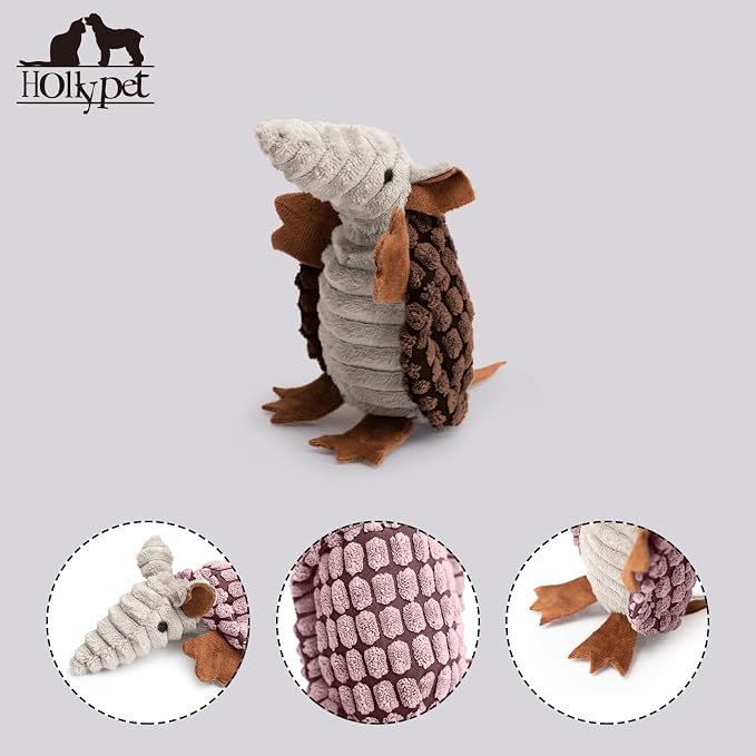 Hollypet Armadillo Squeaky Puppy Dog Toys for Small Medium Dogs, 6" | plush stuffed small dog squeak animal toy with unique grunt squeaker textured fabric for teeth cleaning toys