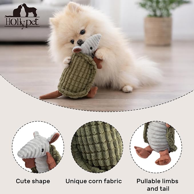 Hollypet Armadillo Squeaky Puppy Dog Toys for Small Medium Dogs, 8" | plush stuffed small dog squeak animal toy with unique grunt squeaker textured fabric for teeth cleaning toys