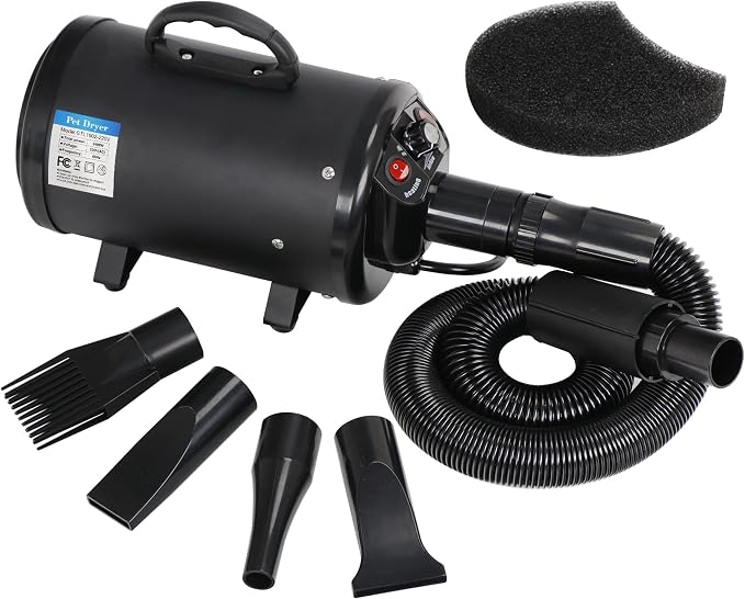 ZENY Dog Dryer, Pet Grooming Blower with Heater for Cat/Dog, 2400W Speed-Adjustable Pet Hair Dryer, with 4 Different Nozzles + 2 Filter, Black