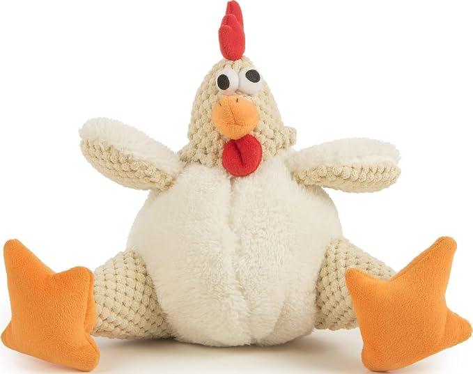 goDog Checkers Fat Rooster Squeaky Plush Dog Toy, Chew Guard Technology - White, Large