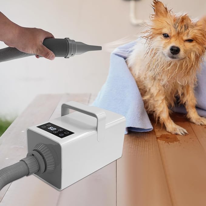 Dog Dryer, Dog Dryer for Pet Grooming, 2200W Pet Grooming High Velocity Force Blower with 4 Nozzles, Adjustable Speed and Temperature Control High Velocity Pet Blow Dryer (White)
