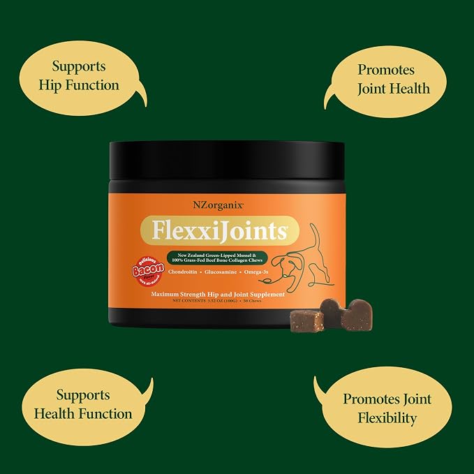 NZorganix FlexxiJoints Hip and Joint Supplement Chews for Dogs, Cats • 100% Grass-Fed Beef Bone Collagen New Zealand Green-Lipped Mussels • 200 Chews 2-Pack