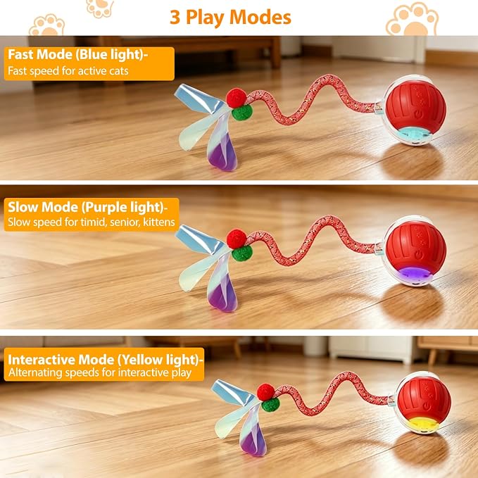 Interactive Cat Toys Ball for Indoor Cats, Automatic Self-Rolling, Motion-Activated, Bird Chirping Cats Dogs Ball Toy with Elastic Mesh Tail, Cat Enrichment Toys for Indoor Cats (Red)