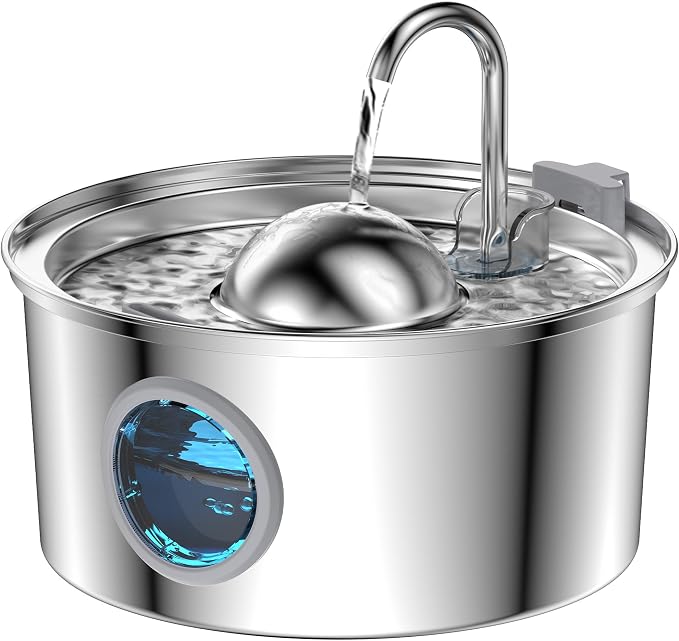 AONBOY Cat Water Fountain Stainless Steel, 108oz/3.2L Cat Fountain, Pet Water Fountain with Water Level Window, Hemispherical Shape, Multi-Filter, Silent Pump, Water Tap, Provides Flowing Water