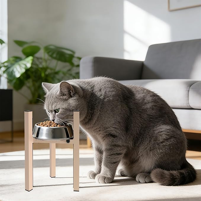 Elevated Cat Bowl Stand Good for Senior Cats Digestion Arthritis Relief - Adjustable Metal Feeder Riser, Fits 5.1-7.45” Round Bowls (No Bowls)(Light Khaki)