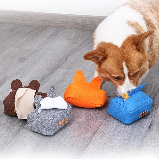 HDKUW 2PCS Dog Puzzle Toy, Dog Tissue Box Plush Toy, Interactive & Enriching Snuffle Game for Small Medium Dogs, Durable Hide and Seek Slowly Feeder Toy, Treat Dispensing & Nose Work Fun Brown Orange