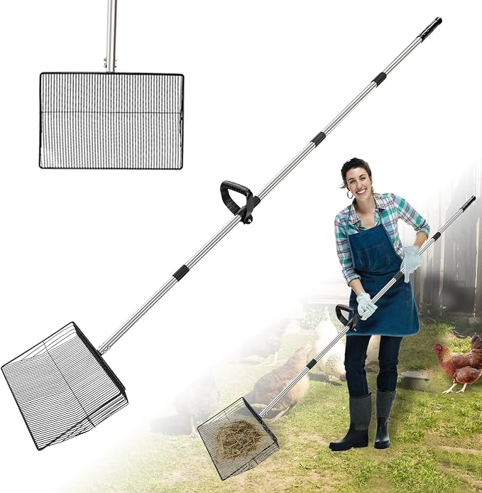 Metal Chicken Poop Scooper, 5-in-1 Detachable Chicken Coop Scoop Rake, Long Stainless Steel Handle, Chicken Litter Scoop Sifting Shovel Chicken Coop Scooper for Sand (15inch Large)