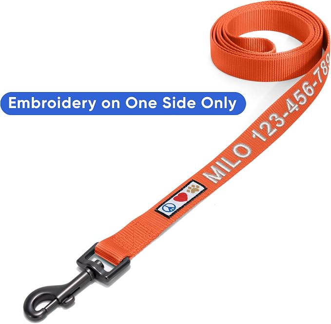 Pawtitas Personalized 6 ft Orange Dog Leash M/L Custom Name and Phone Embroidery Strong Nylon Leash for Medium and Large Breeds