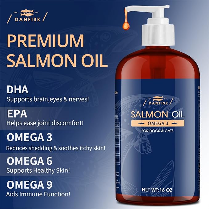DANFISK Salmon Oil Formula with Omega 3, Fish Oil for Dogs Supplement, Skin & Coat Dog Oil, Itchy Relief, Immune Support for Joints & Heart, Food Topper, 16 oz.