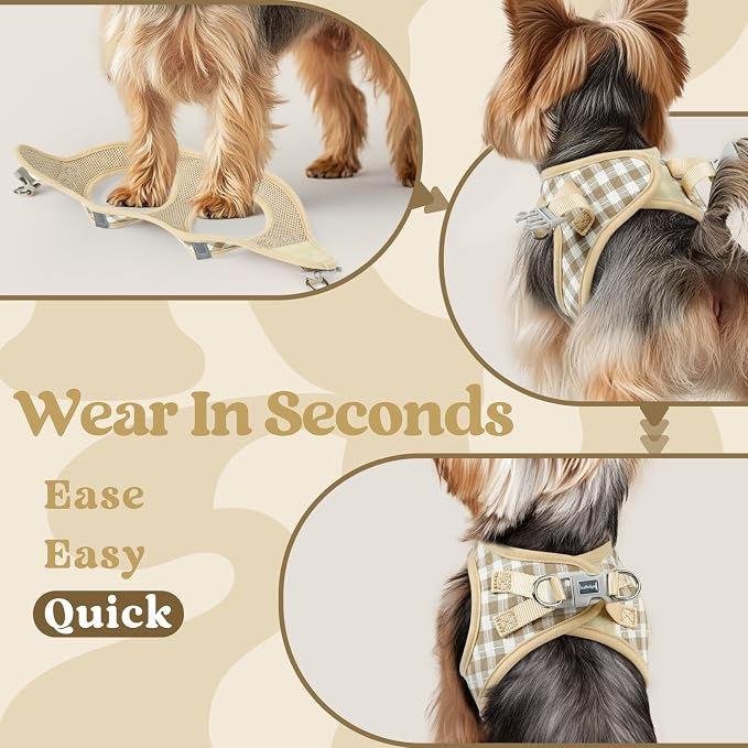 rabbitgoo Step-in Small Dog Harness, Puppy Vest for Small Sized Pet | Easy Put on and off, Lightweight, Soft, Breathable Quick-Dry Air Mesh for Comfortable Secure Walking, Beige Check XXS
