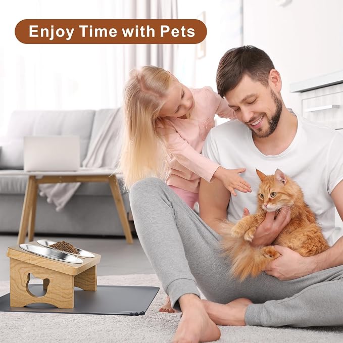 Elevated Cat Bowls, 15° Tilted Raised Cat Food Bowl with Solid Wood Stand & Stainless Steel Dishes, Cat Feeding Station with Silicone Mat, Helps Reduce Vomiting for Cats & Small Dogs(Natural)