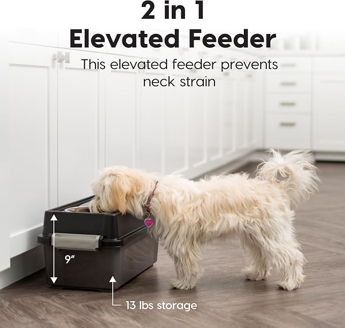 IRIS USA Dog Bowls Elevated with Storage, 9" H Raised Feeding Station with Airtight Food Container Holds Up to 13 lbs, Dog Bowl Stand for Small Dogs, Indoor Pet Feeder, Smoke/Black