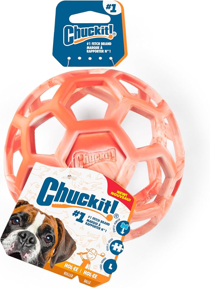 Chuckit! Holee Roller Dog Treat Puzzle Ball, Large (3"), Orange – Interactive Treat & Chew Puzzle Toy for Dogs 60–100 lb – Durable Rubber Fetch Ball for Mental Stimulation – Pack of 1