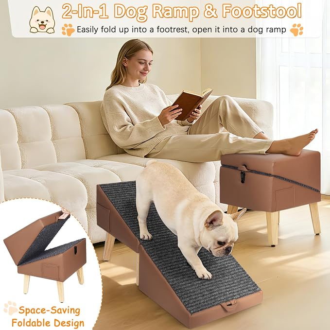 2-in-1 Foldable Dog Ramp for Couch and Bed, 14.4" H Dog Ramps for Small Dogs and Cats, Wooden Pet Stairs with Non-Slip Mat & Side Pockets, Split Ottoman Pet Ramp Steps for Medium Dogs, Puppy