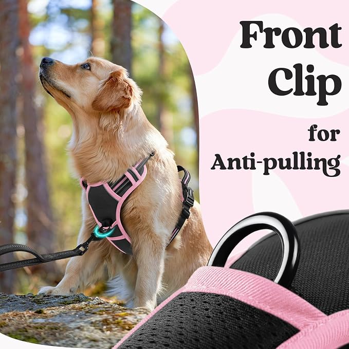 rabbitgoo Dog Harness Medium Sized, Updated Easy On & Off with 3 Buckles | No Pull No Choke, Walking with 2 Clips and Handle, Adjustable Soft Reflective, Black & Pink, Medium