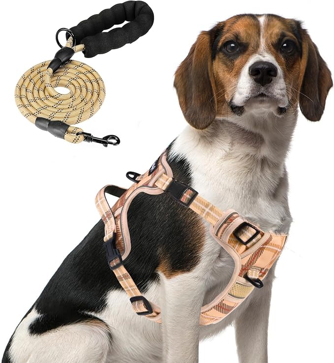 PUPTECK No Pull Dog Harness Medium Sized, Adjustable Reflective Dog Harness with Handle Easy Control, Comfortable Soft Padded Pet Vest Harness for Medium Dogs, Plaid Beige M