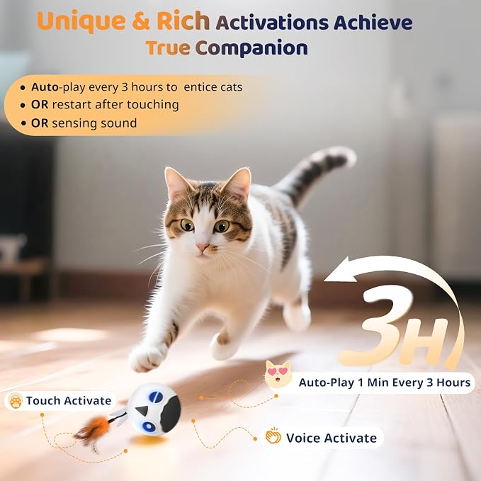 Cat Toys Ball, Smart Motion Sensor Moving Ball with 4 Sounds& 3 Speed Modes | Interactive Automatic Cat Toy for Indoor Cats,Fast Rolling Motion Activated Chirping Stimulating Light, 2 Feather Refill