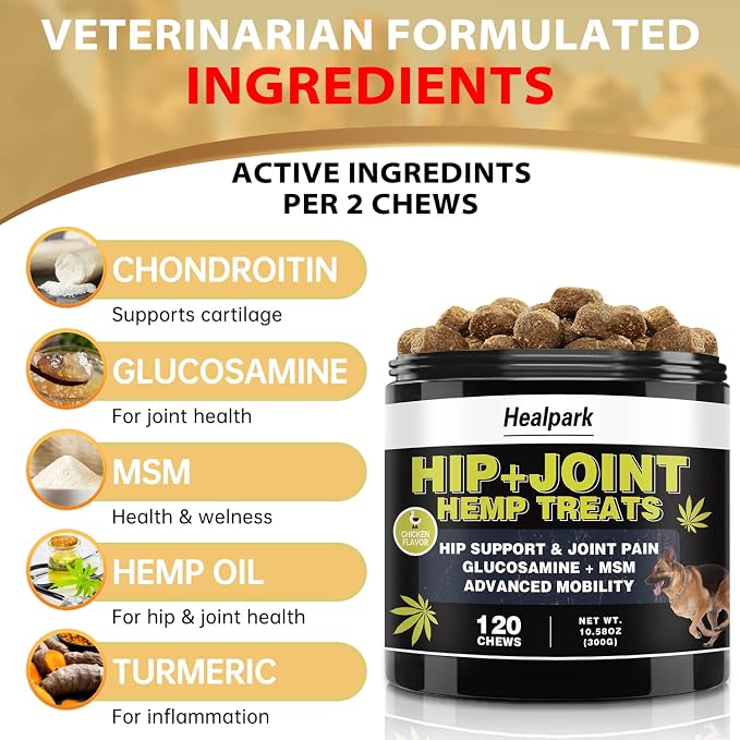 Hemp Hip and Joint Supplement for Dogs - Glucosamine for Dogs - Chondroitin, Hemp Oil, MSM & Turmeric - Support Joint Mobility, Joint Pain Relief, Hip Dysplasia, Arthritis Health Care - 120 Chews