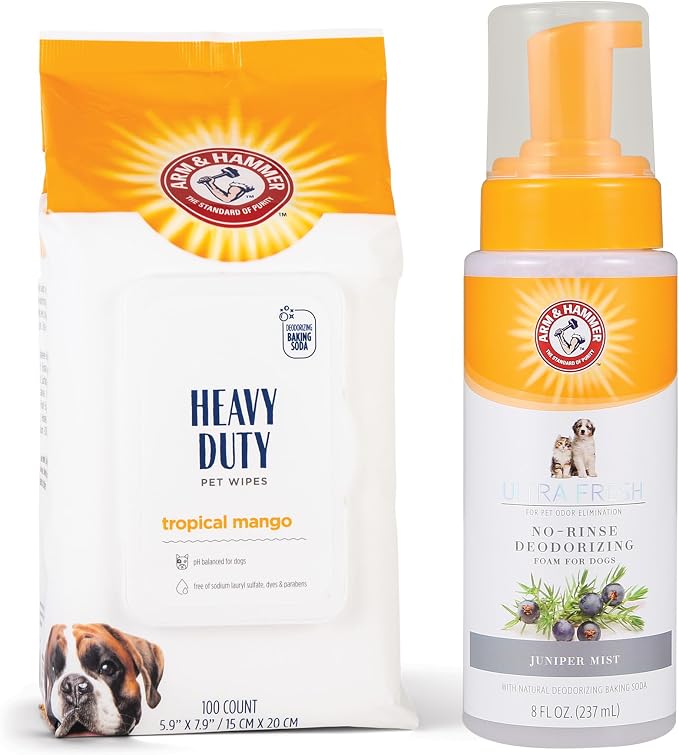 Arm & Hammer Heavy Duty Bath Grooming Wipes & Foam Bundle, Mango, 100ct + 8 fl oz Foam