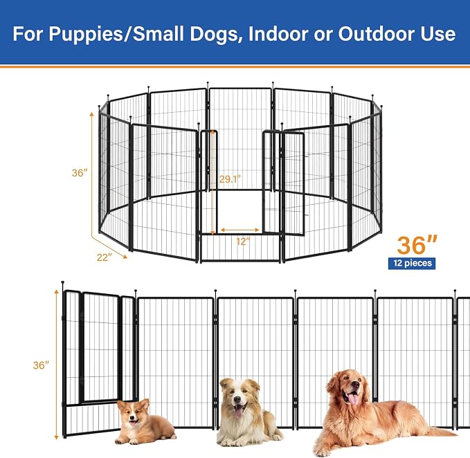 Dog Playpen 36 inch 12 Panels for Indoor & Outdoor Use – Heavy-Duty Metal Pet Fence with Ground Stakes, Rounded Ball Tops for Safety, Stable & Foldable Design, Easy to Assemble