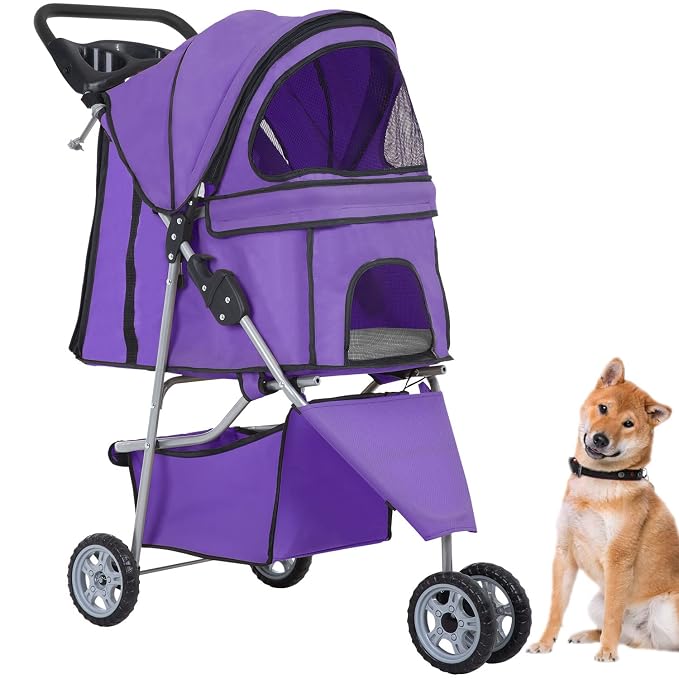 BestPet 3-Wheel Jogger Pet Stroller - Purple, Cup Holder & Removable Liner