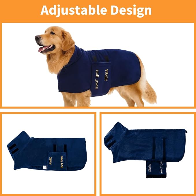 Dog Towel Dog Bathrobe, Microfiber Super Absorbent Pet Bathrobe for Dogs and Cats, Quick Drying Robe After Bath, Adjustable Collar & Belly Strap, Blue, M