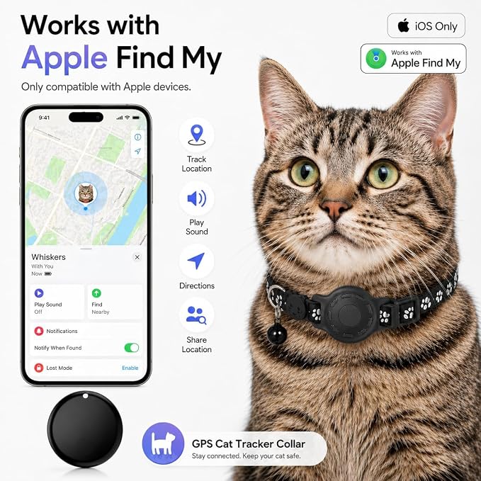 Cat Collar (iOS Only) - Pet Tracker Compatible with Apple Find My, Waterproof Smart Tag, No Monthly Fee. Advanced Safety Solution for Small & Large Cats.