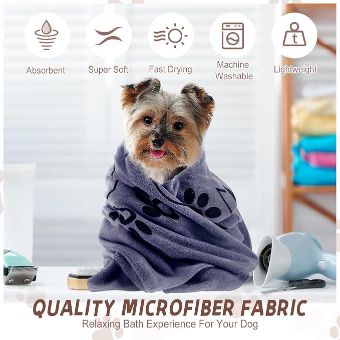 Fanfanwin 4 Pcs Dog Bath Towels Microfiber Drying Dog Towel Absorbent Pet Heart Paw Towels for Medium Dogs Puppy Cats Pets Shower(Gray, Brown, Blue, Wind Red)
