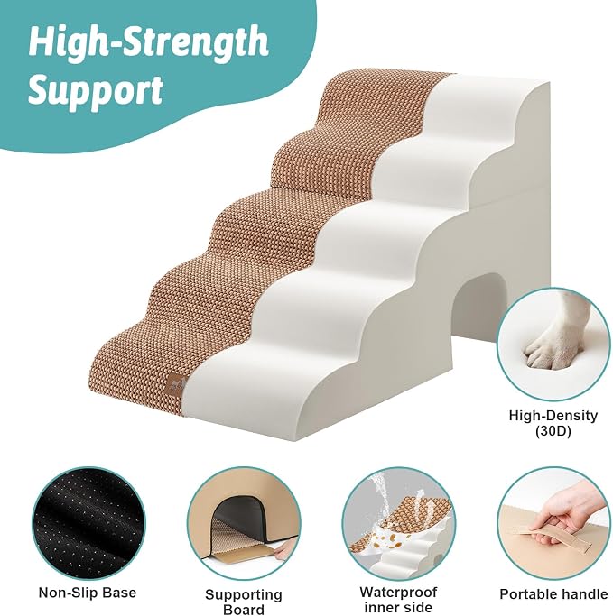 COZY KISS Small Dog Stairs with Tunnel, 5 Step Pet Ramp for High Bed | Curved Stable Dog Step for Puppy, Older Cat, Senior, Medium, Short-Legged Dog, Non-Slip Ladder for Car, 22.4" H, Light Brown